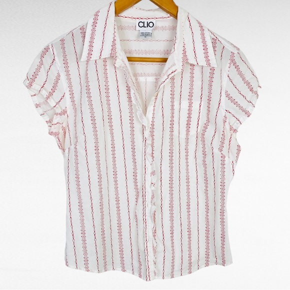 VINTAGE | CLIO White & Red Western Tribal Stripe Cap Sleeve Button Down Shirt - Picture 5 of 7